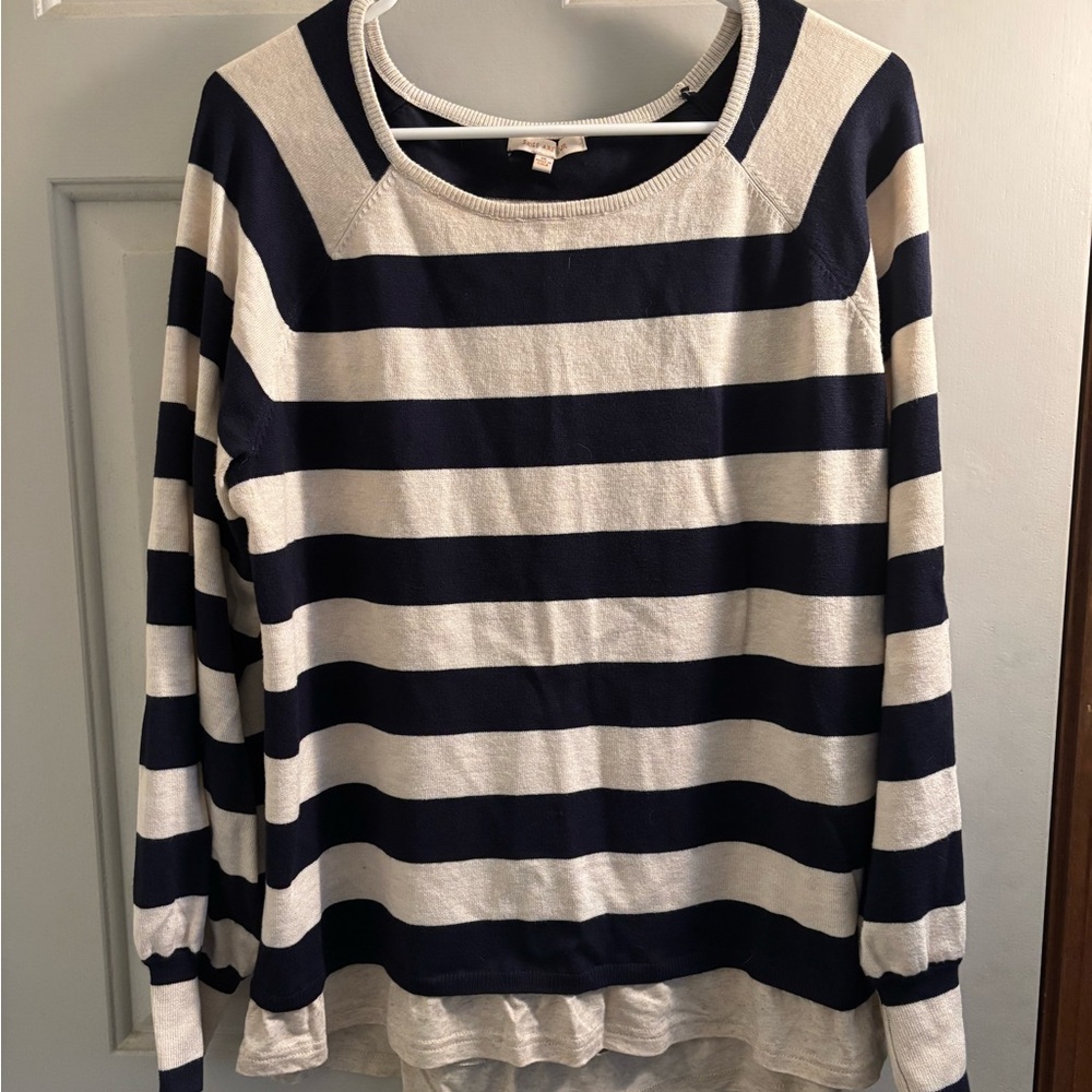 Skies Are Blue navy cream striped lightweight sweater XL, jersey trim detail